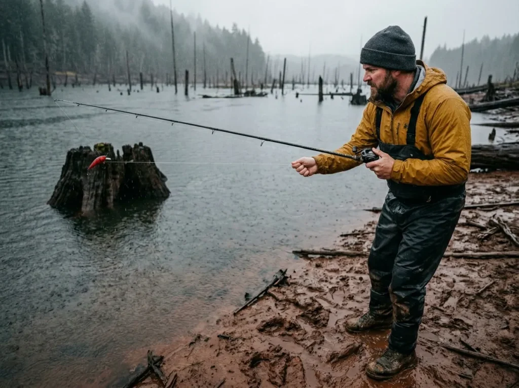 Angler executing the bow and arrow trigger method to free a snagged crankbait