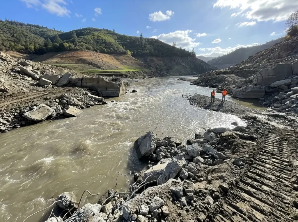 Klamath River flowing free through former dam site after historic dam removal project in 2024