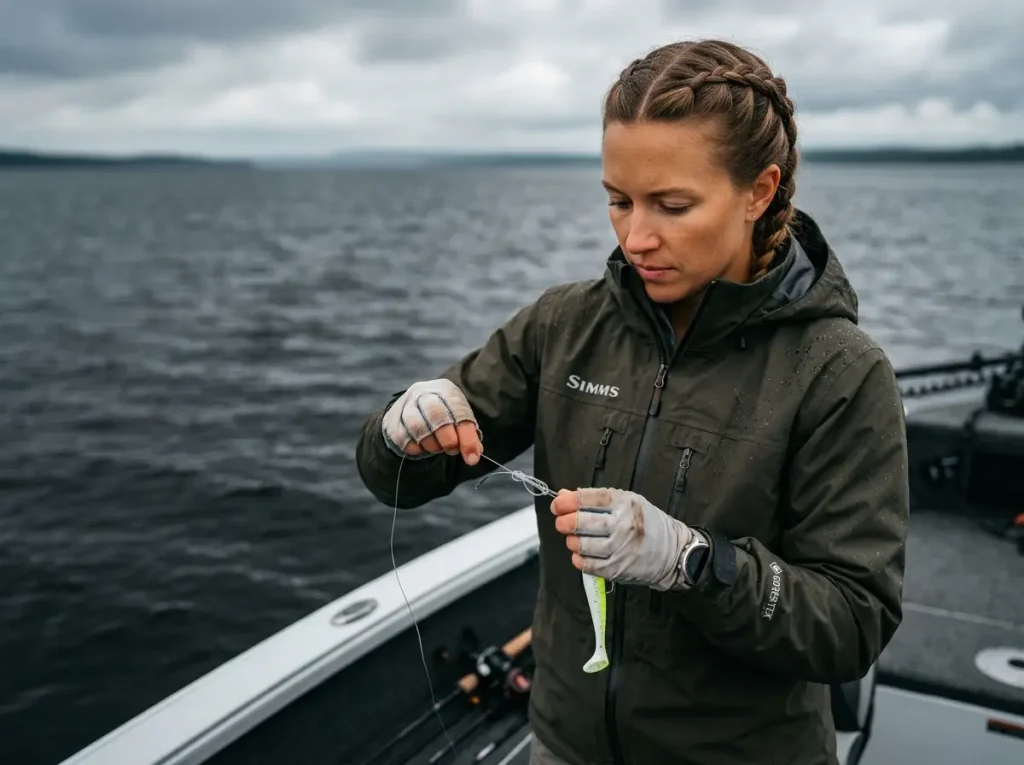 Female angler preparing a white and chartreuse tube jig for deep water lake trout fishing