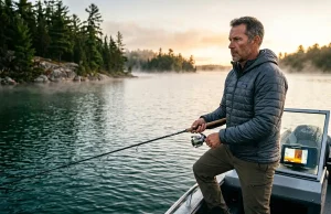 Lake Trout Deep Jigging and Trolling the Physics Way Angler how to catch lake trout deep jigging trolling on a cold misty lake at sunrise