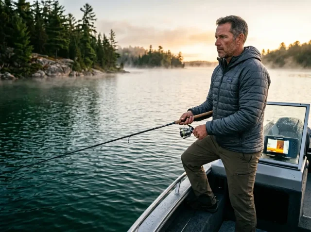 lake-trout-deep-jigging-trolling-physics Angler how to catch lake trout deep jigging trolling on a cold misty lake at sunrise
