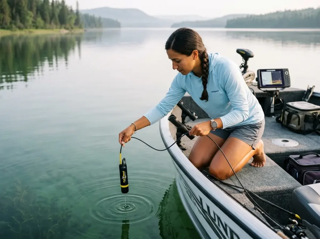 Angler measuring lake stratification to find the ideal lake trout habitat