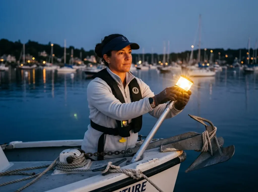 Captain activating a glowing LED anchor light