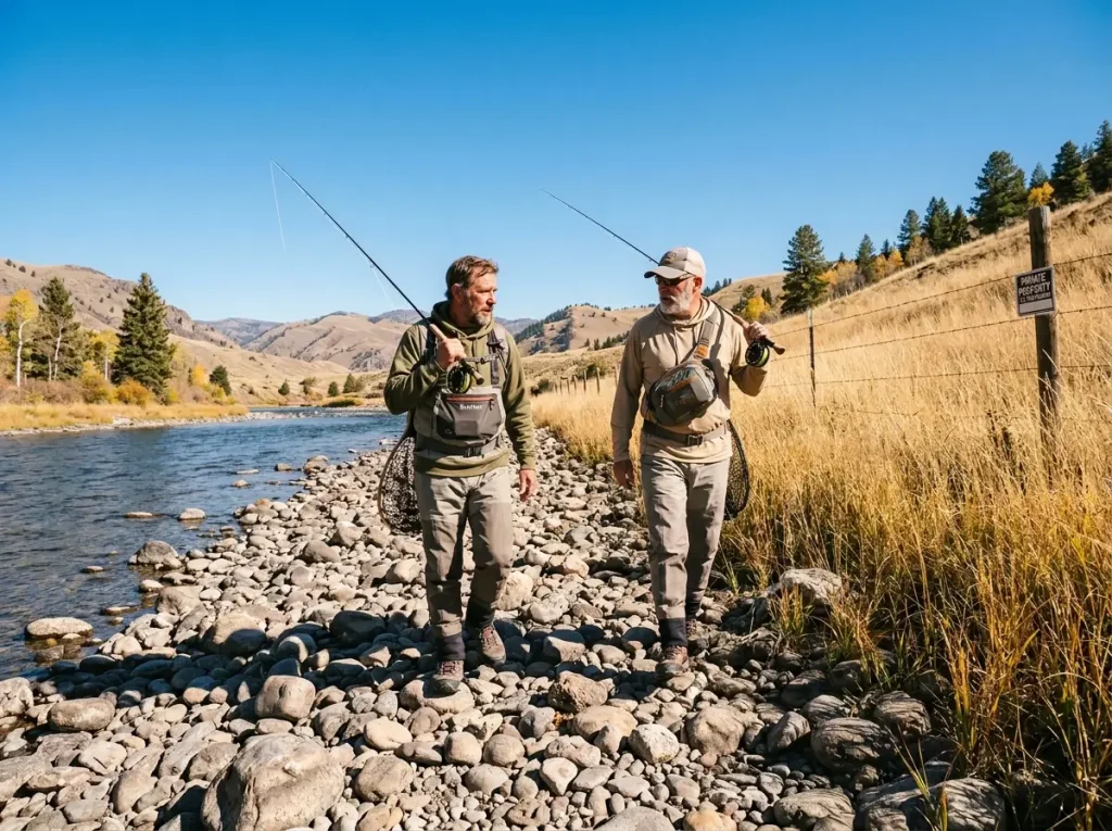 Two anglers walking legally below the river's gradient boundary mark