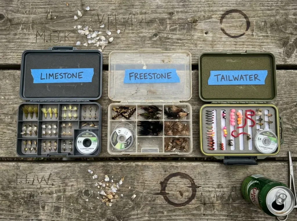Three fly boxes showing different fly selections for limestone freestone and tailwater trout