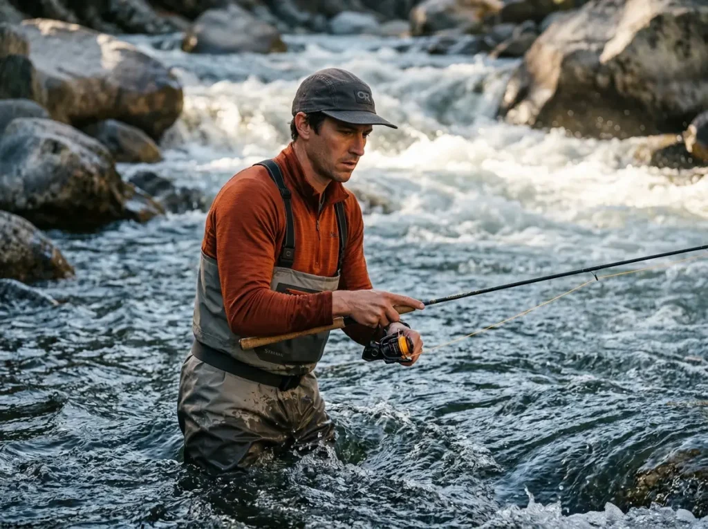 Angler analyzing the drift of a live worm presentation through a turbulent current seam.