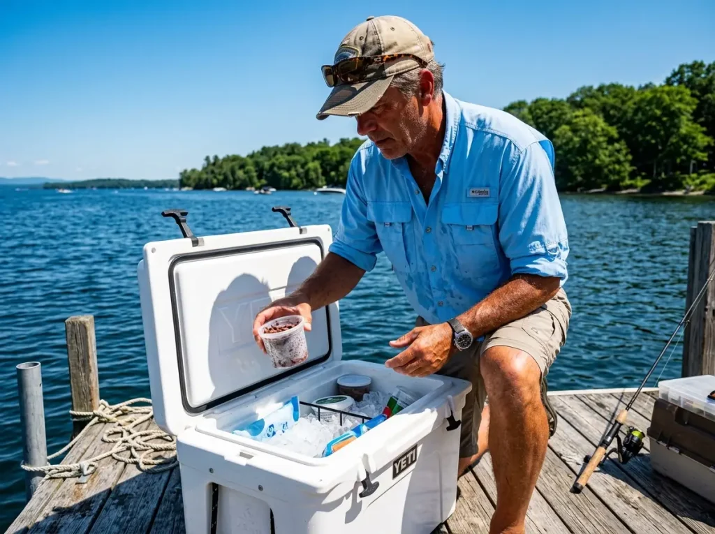 Angler retrieving a bait cup from a high-quality ice-filled cooler to maintain temperature.