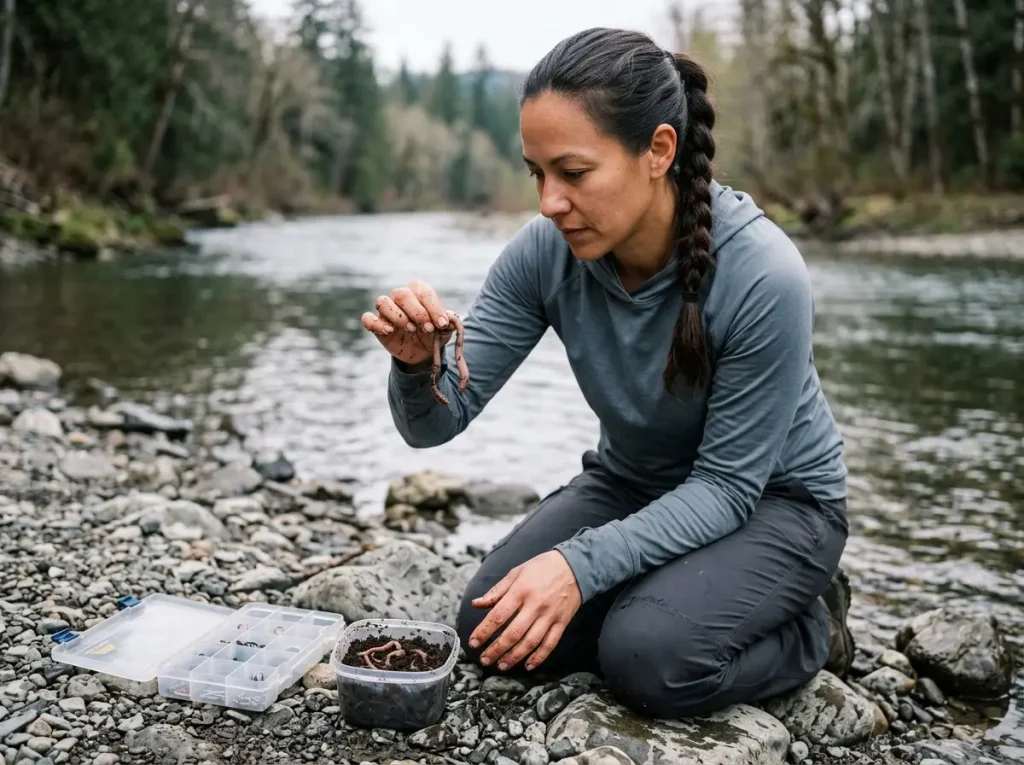 Angler gently testing the firmness and hydrostatic pressure of a live earthworm.