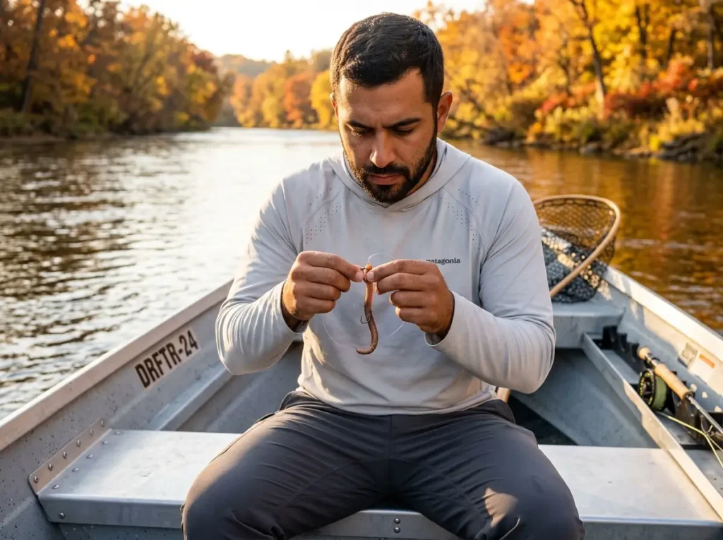 Angler executing the Sock Method by tying a half-hitch to secure a live worm.