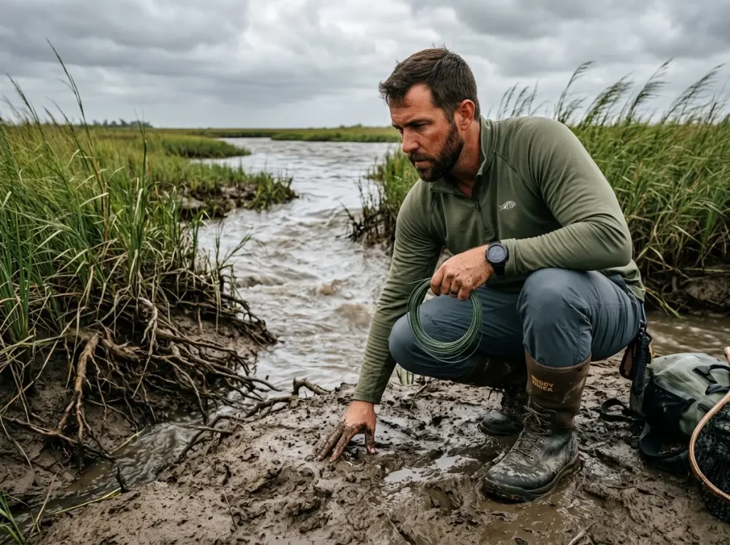 Angler inspecting the marsh drain effect at low water