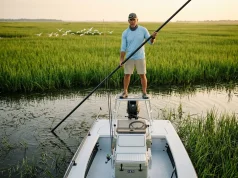 Louisiana Marsh Redfish Fishing Guide What Pros Check Pro guide poling technical skiff in Louisiana marsh for redfish