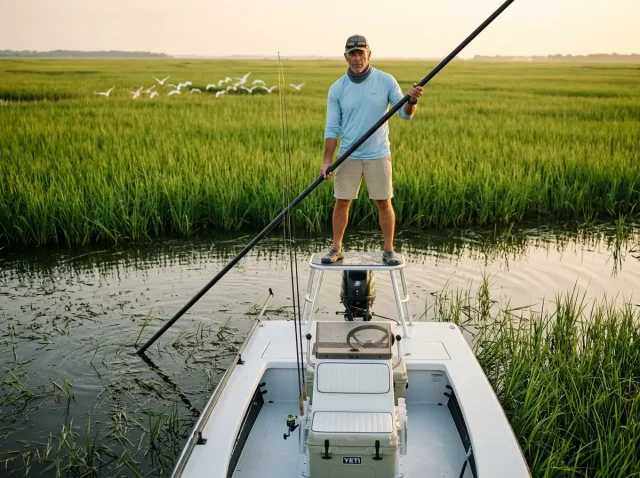 louisiana-marsh-redfish-fishing-guide Pro guide poling technical skiff in Louisiana marsh for redfish