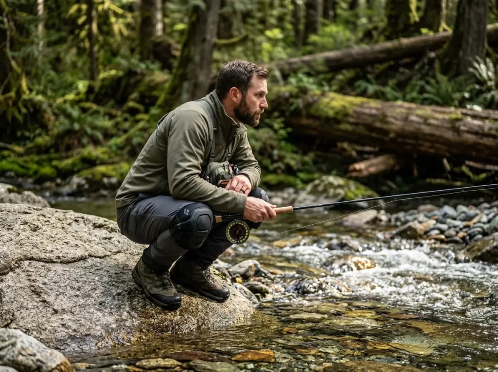 Angler crouching on a rock to plan a silent, low-impact river entry.