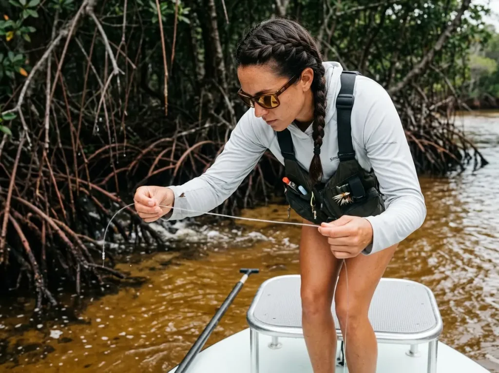 Female angler checking Seaguar AbrazX fluorocarbon leader near mangrove current breaks in the Everglades