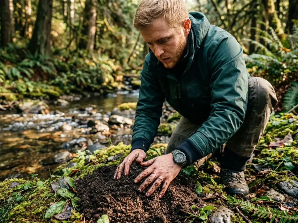 Angler coating his hands in native soil to mask human scent and preserve bait amino acids.