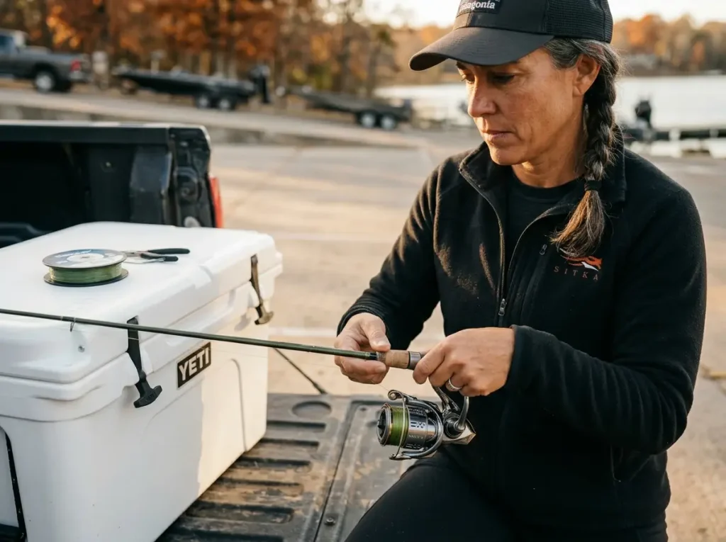 Angler spooling top-shot braided line for cold weather rod dynamics
