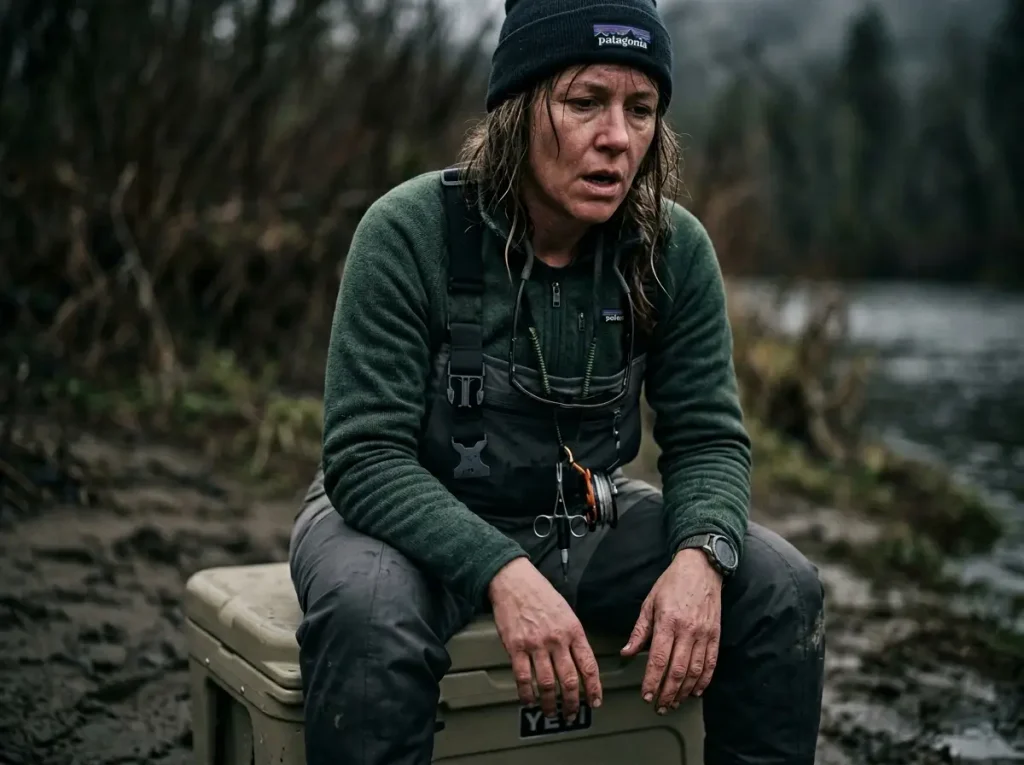 Exhausted angler recovering from metabolic cost of wading