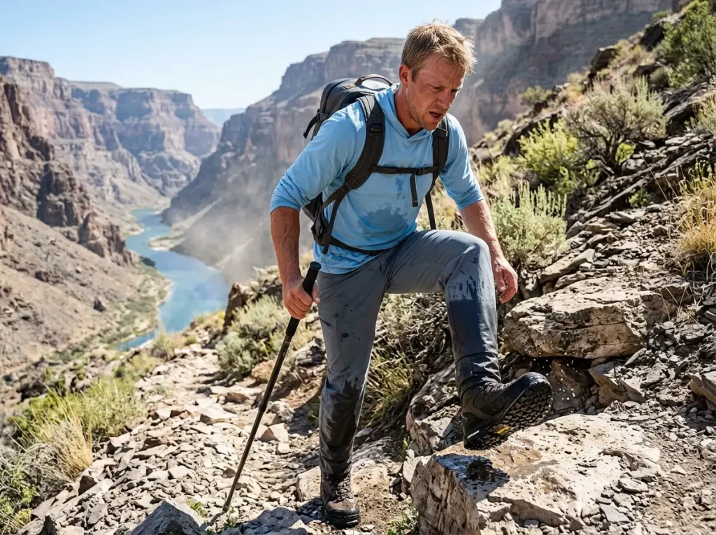 Angler hiking steep trail wearing rubber wading boots, demonstrating metabolic cost and water saturation weight.