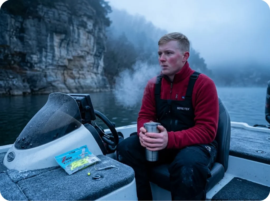 Angler shivering on boat waiting out the metabolic shutdown and temperature drop