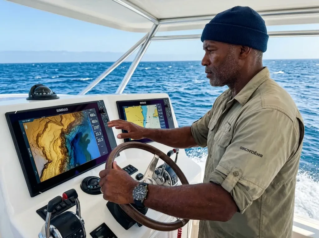 Offshore captain monitoring Simrad NSX chart rendering at high speed during offshore canyon approach