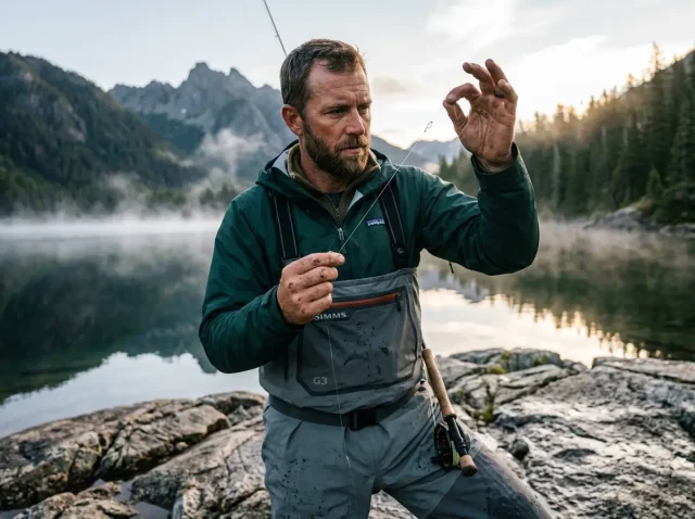 microplastics-in-fishing-gear-environmental-impact Angler inspecting fishing line connecting gear to microplastics environmental impact