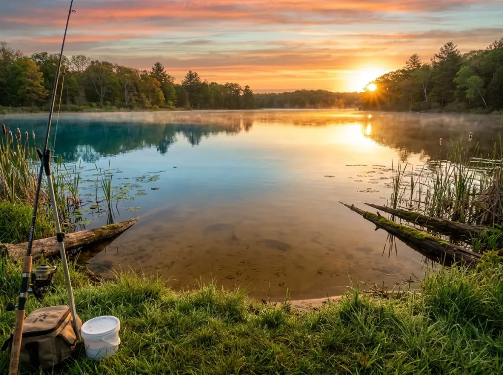 Sunrise over a calm Midwest lake with shallow carp flats visible