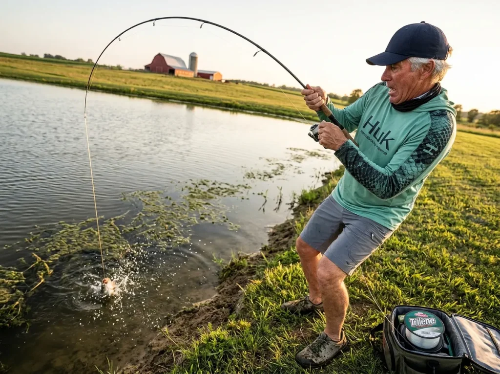 Angler utilizing monofilament line stretch to absorb a violent shoreline reaction strike