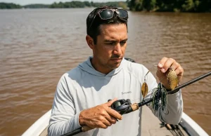 The Physics of Lure Adjustments for Muddy Water Fishing Angler holding heavy Colorado spinnerbait for muddy water