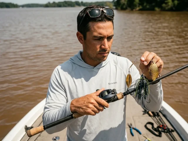 muddy-water-colorado-spinnerbait Angler holding heavy Colorado spinnerbait for muddy water