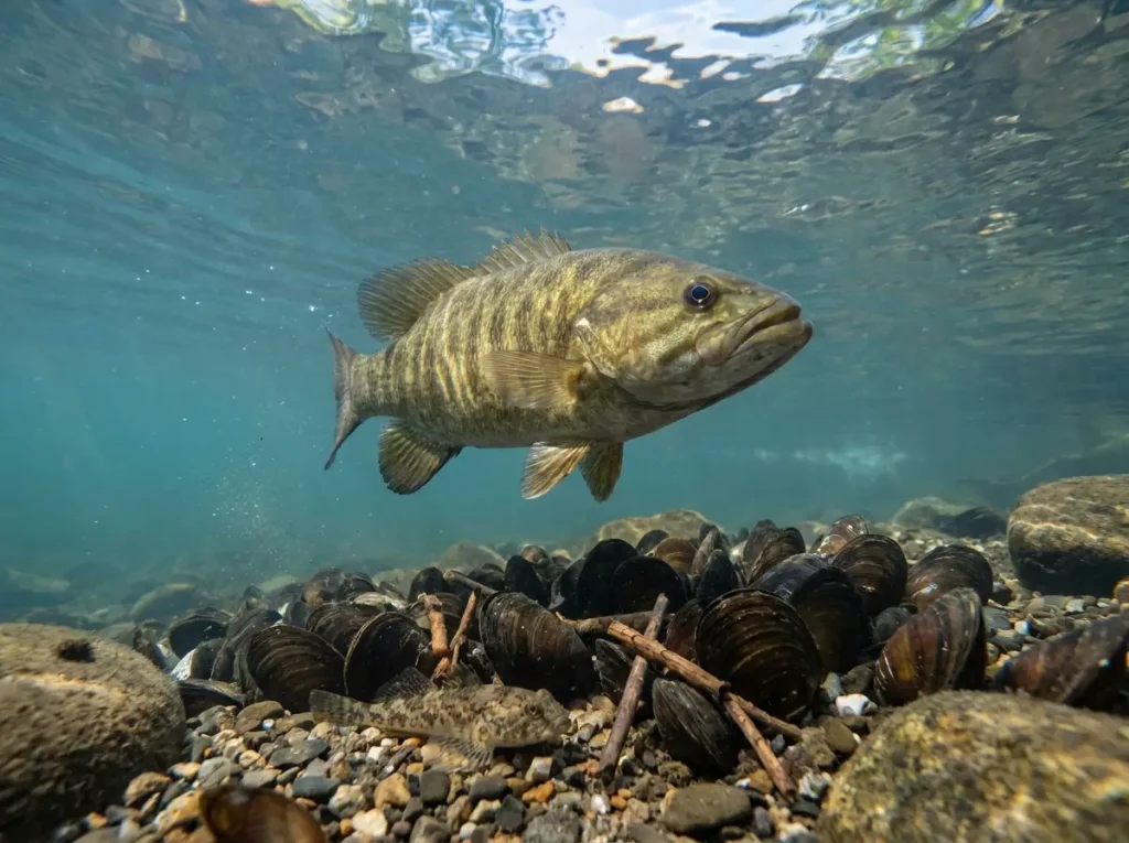 Smallmouth bass holding in current above native mussel bed structure in rocky river