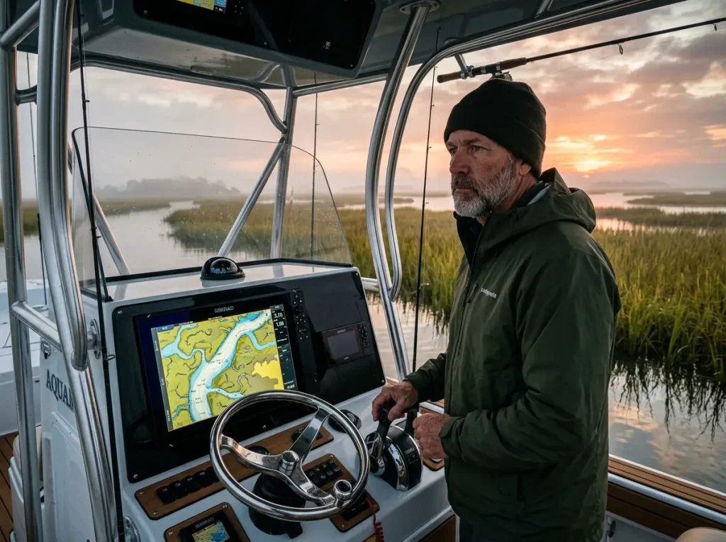 Captain navigating vast Louisiana marsh channels via GPS