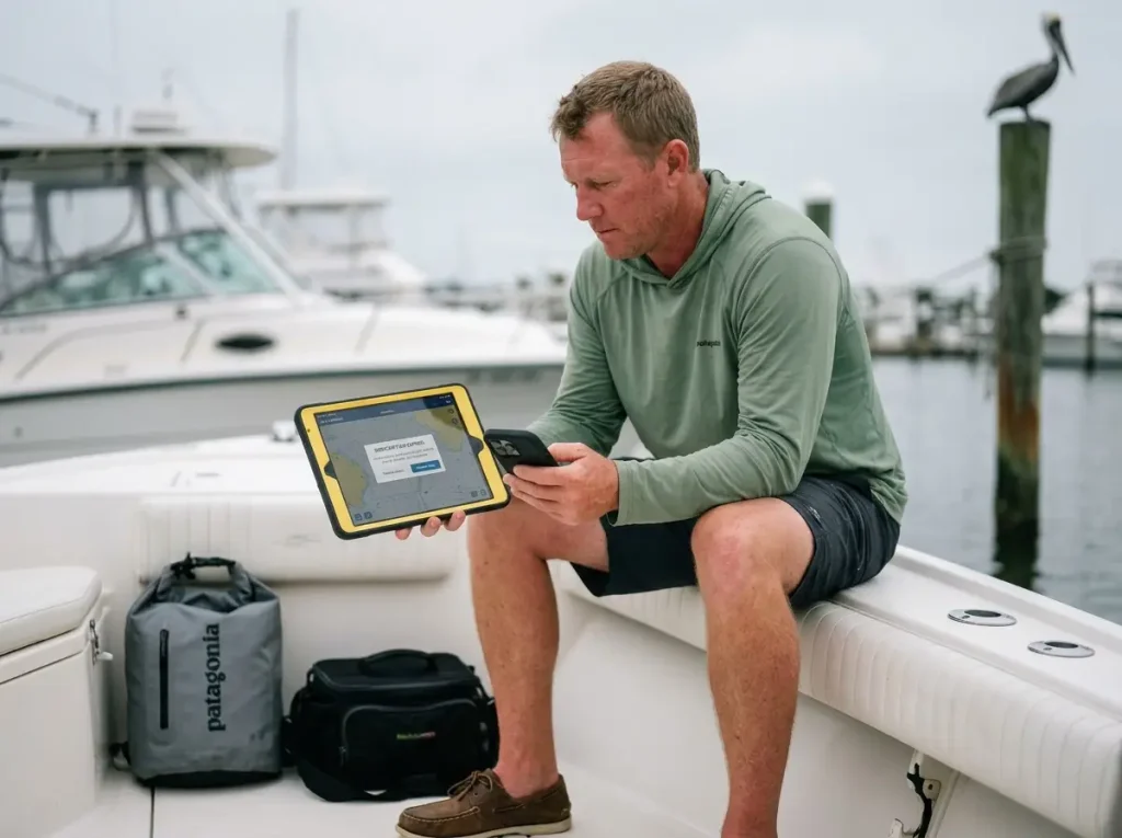 Angler discovering Navionics subscription expiration brick on tablet at marina before offshore departure