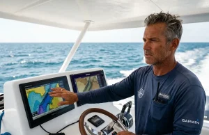 Navionics vs C-Map Technical Audit for Anglers Offshore captain comparing Navionics vs C-Map MFD screens at helm during deep-sea fishing run