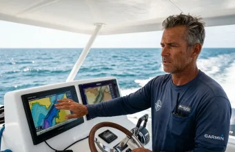 Navionics vs C-Map Technical Audit for Anglers Offshore captain comparing Navionics vs C-Map MFD screens at helm during deep-sea fishing run