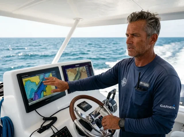 navionics-vs-cmap-2026-technical-audit-hero Offshore captain comparing Navionics vs C-Map MFD screens at helm during deep-sea fishing run