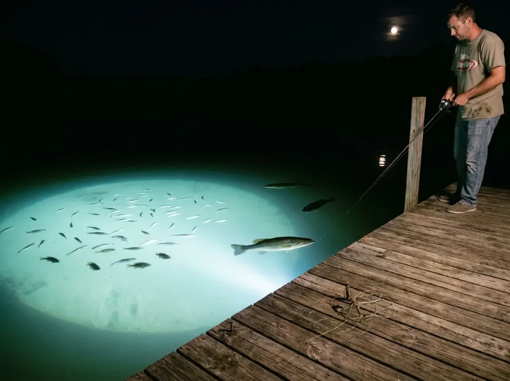 Largemouth bass positioned at the shadow edge of a dock light at night in shallow lake water