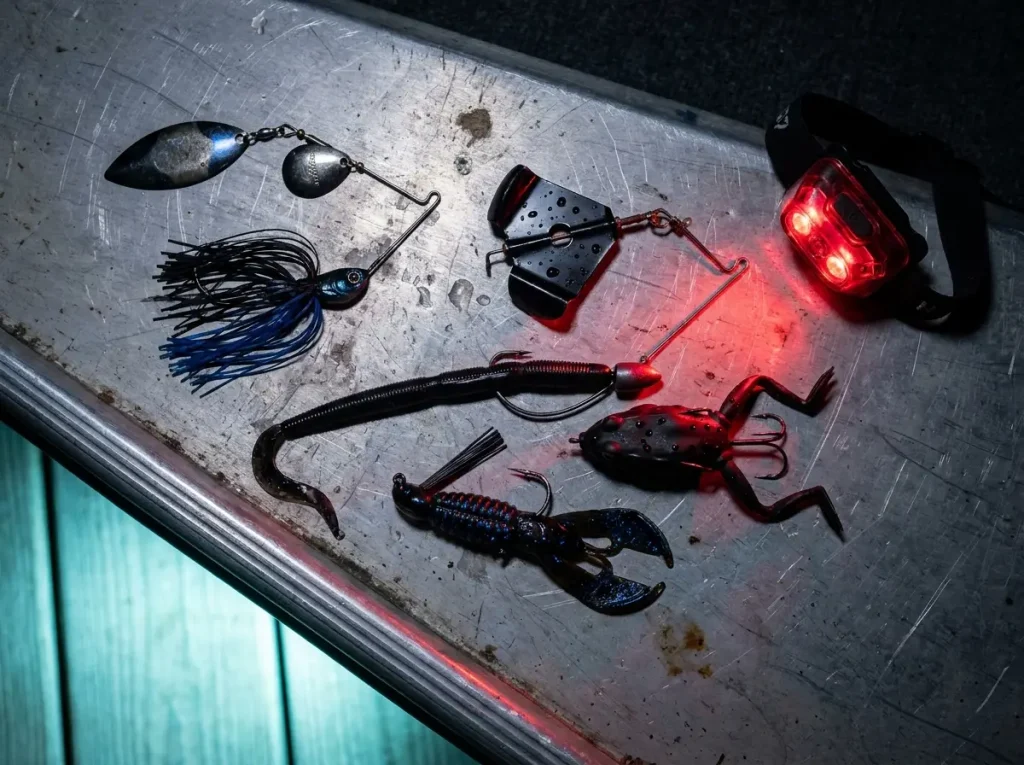Night bass fishing lures flat-lay showing Colorado blade spinnerbait, black ribbontail worm, and hollow body frog