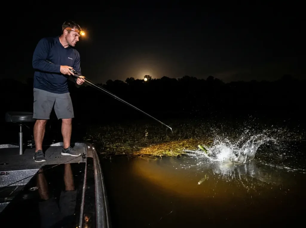 Bass angler reacting to a night topwater surface strike in shallow summer water, rod held steady waiting