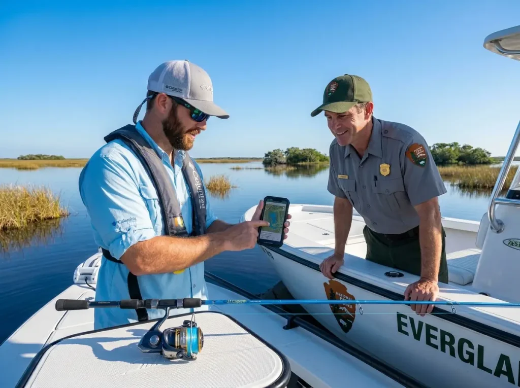 Angler verifying GPS location and licenses with an NPS ranger at Nine Mile Pond