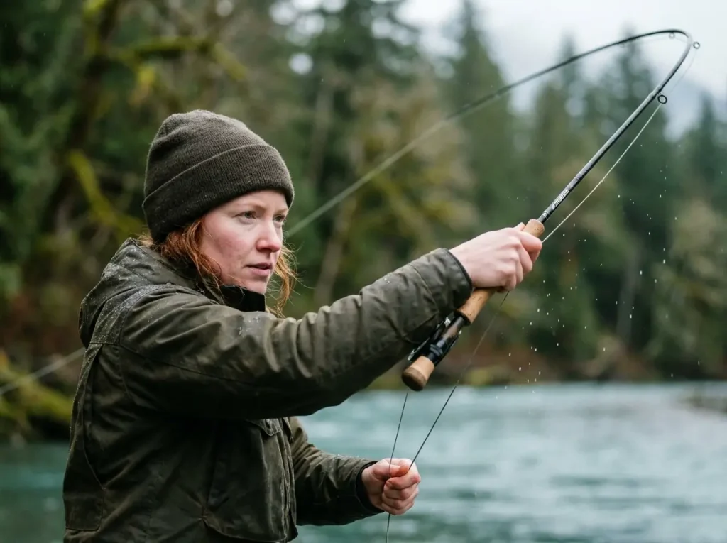 Angler spey casting in the emerald waters of an OP river