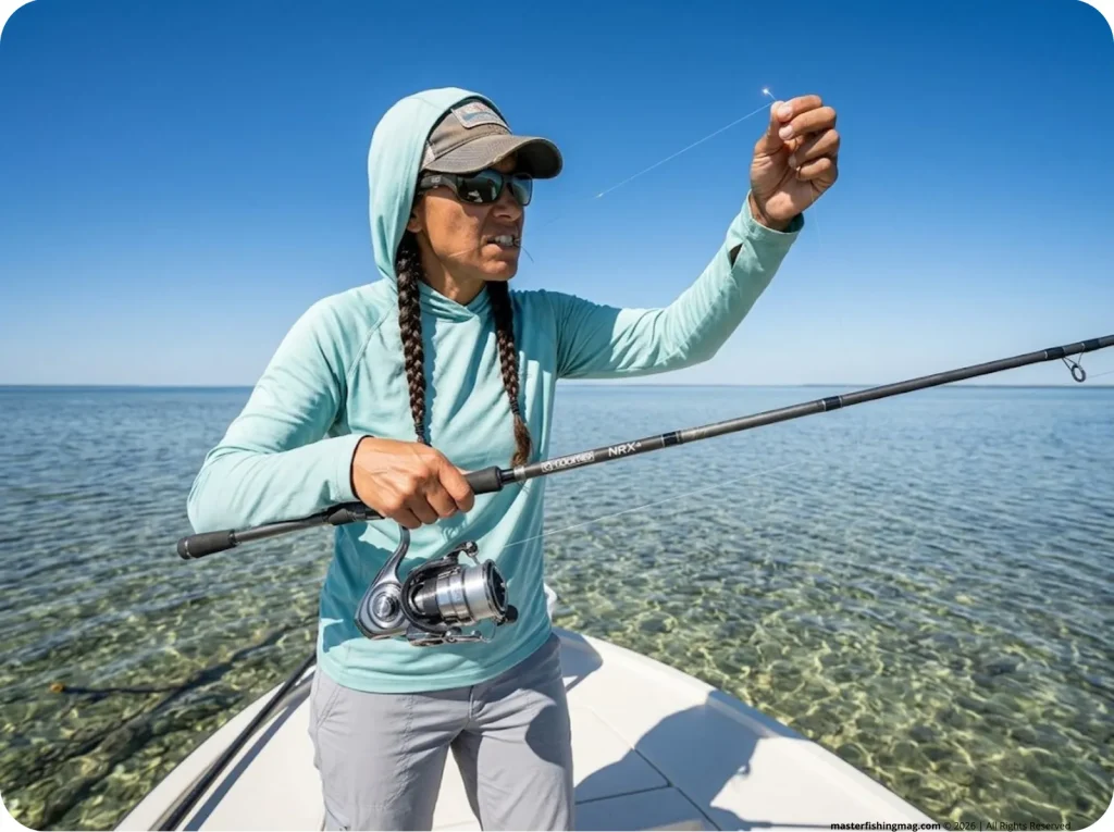 Angler evaluating optical physics and bluebird skies tying invisible fishing knot