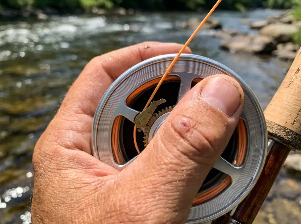 Close-up of fly angler's hand palming Hardy Marquis click reel spool rim to control drag