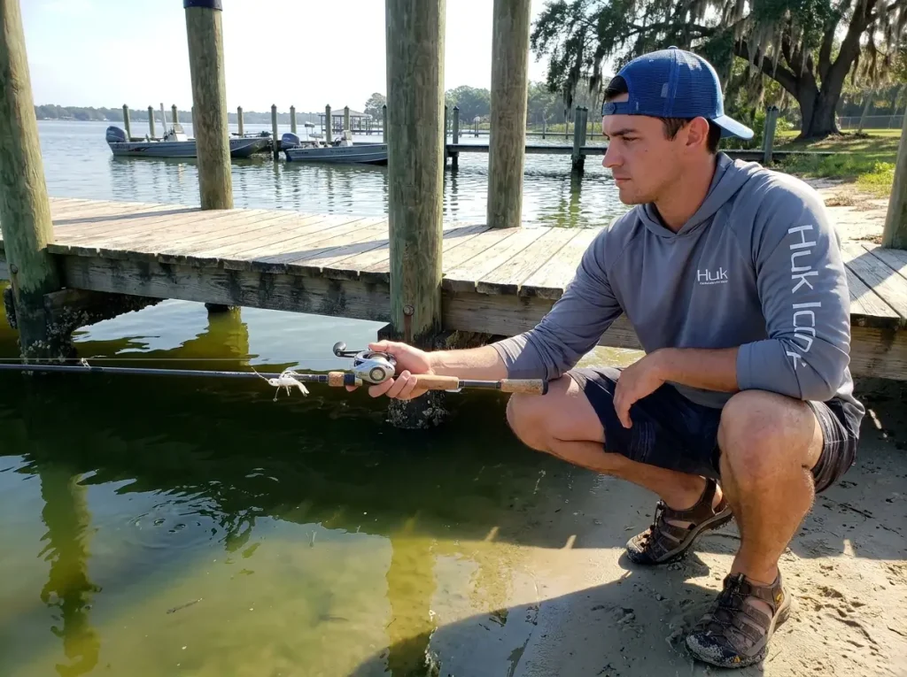 Angler making a low sidearm cast parallel to a wooden dock from shore