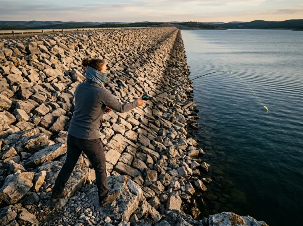 Angler making a parallel cast along a rip-rap bank to maximize strike zone time