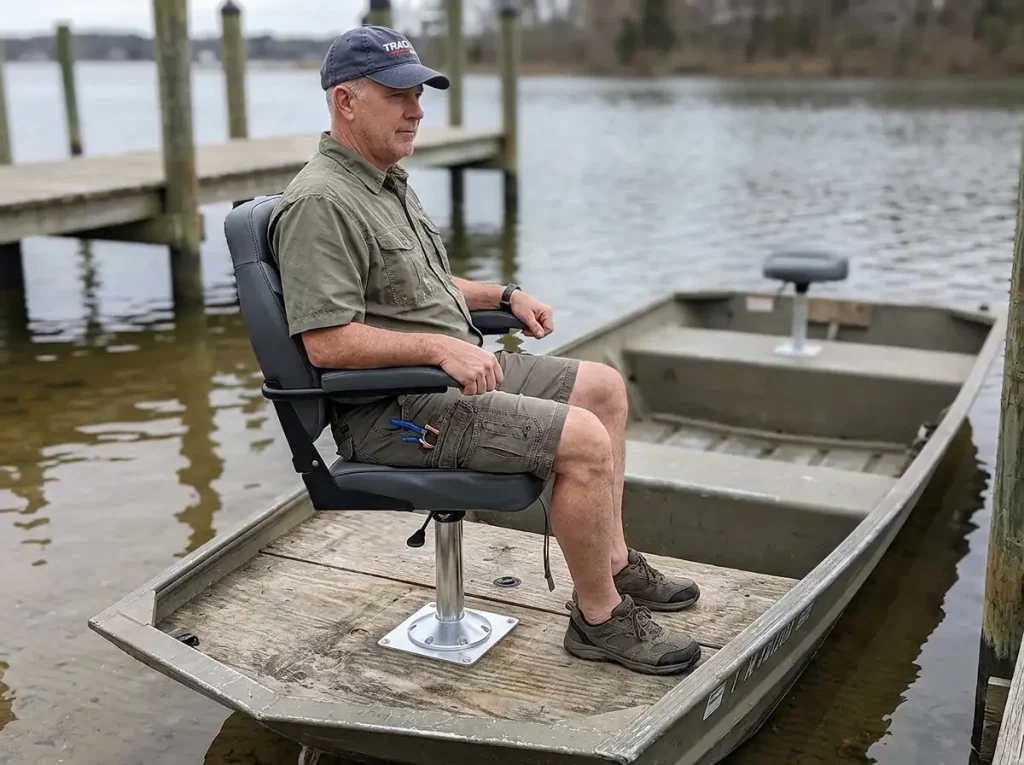 Pedestal fishing seat mounted on a jon boat with swivel base