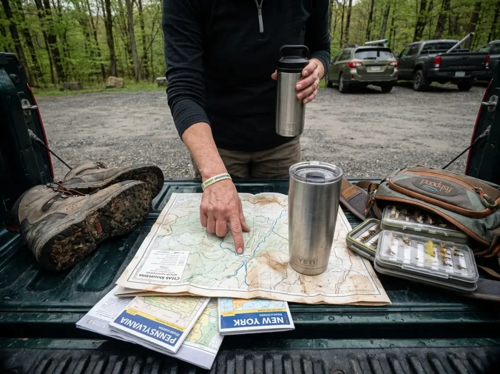 Map view of Pennsylvania and Catskills trout fishing regions with streams highlighted