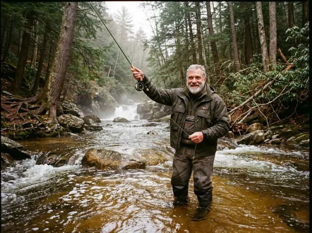 Angler wading a rocky Pennsylvania freestone mountain stream surrounded by hemlock forest