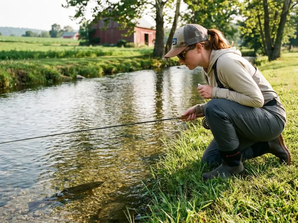 Fly angler sight-fishing to wild brown trout in clear Pennsylvania limestone spring creek