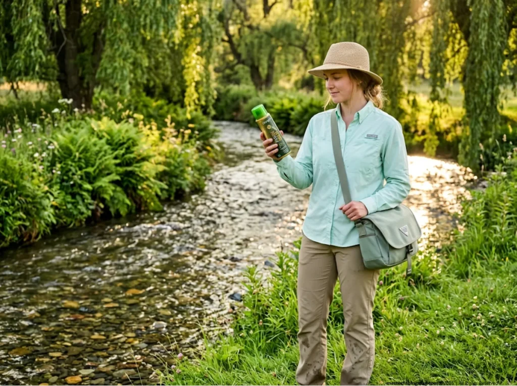 Angler carefully reading the label of a Granger's PFC-free waterproof treatment by a pristine stream.