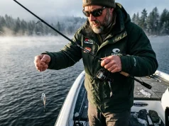 The Physics of Blade Bait Fishing for Winter Bass & Walleye Angler vertically dropping a blade bait for winter bass and walleye